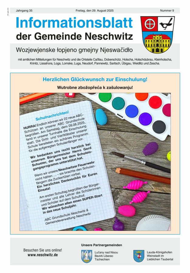 Informationsblatt der Gemeinde Neschwitz mit amtlichen Mitteilungen Titelblatt 09/2025