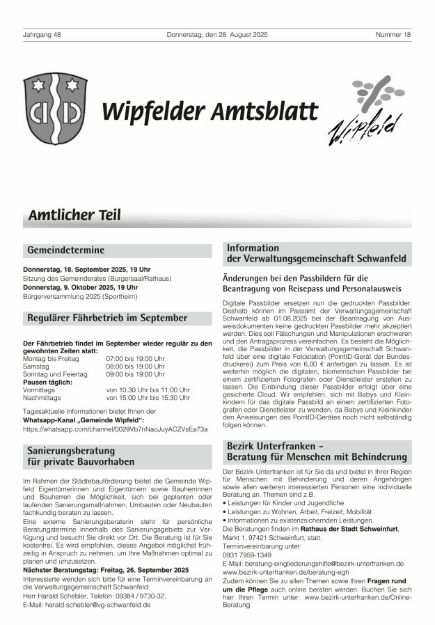 Wipfelder Amtsblatt Titelblatt 18/2025