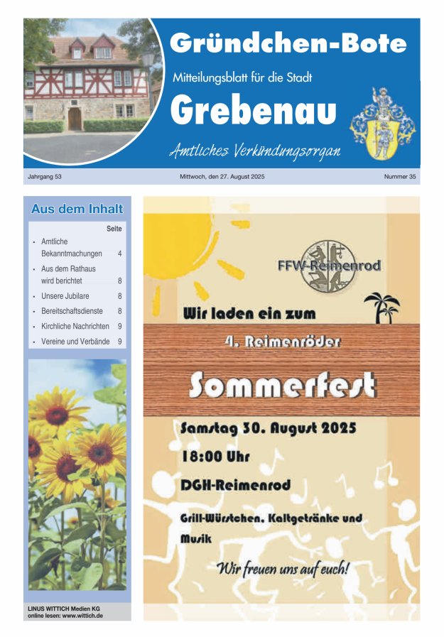 Grebenau - Gründchen Bote - Mitteilungsblatt für die Stadt Grebenau Titelblatt 35/2025