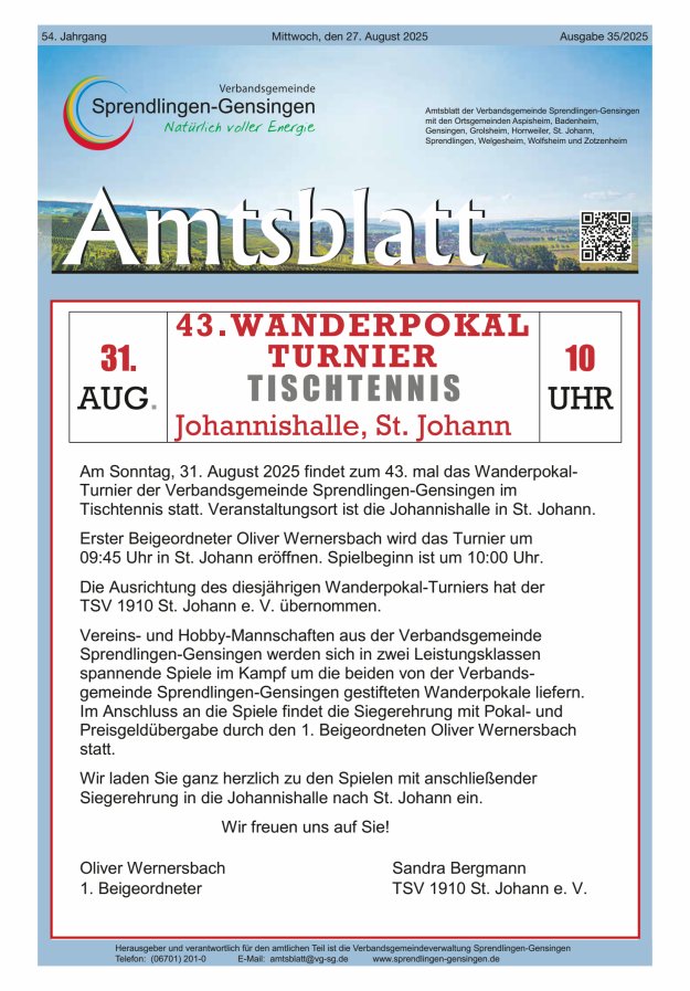Amtsblatt VG Sprendlingen-Gensingen Titelblatt 35/2025
