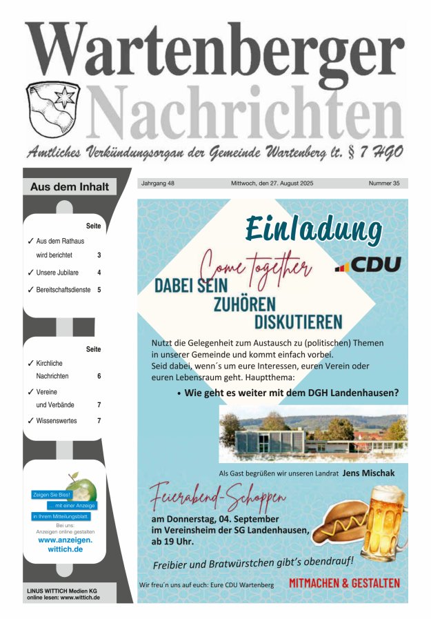 Wartenberger Nachrichten Titelblatt 35/2025