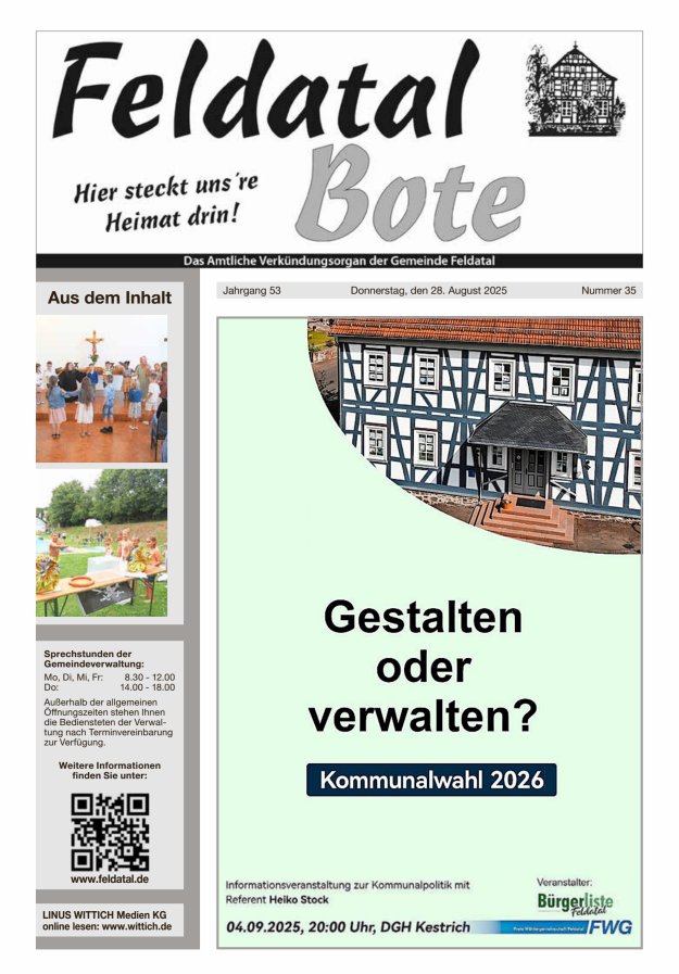 Das Amtliche Verkündungsorgan der Gemeinde Feldatal Titelblatt 35/2025