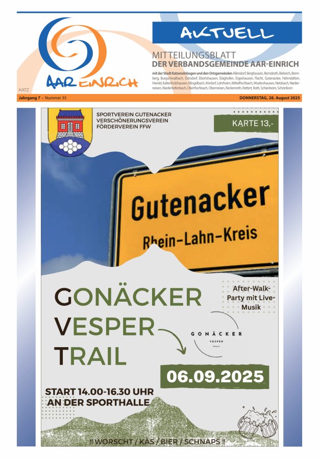 Mitteilungsblatt der Verbandsgemeinde Aar-Einrich Ausgabe Katzenelnbogen Titelblatt 35/2025