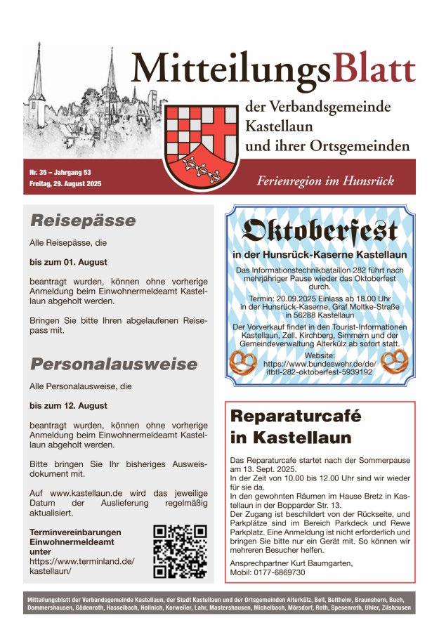 Mitteilungsblatt Kastellaun Titelblatt 35/2025