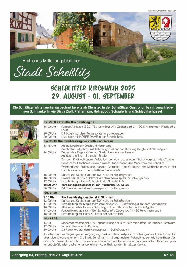 Scheßlitzer Anzeiger - Amtliches Mitteilungsblatt der Stadt Scheßlitz Titelblatt 18/2025