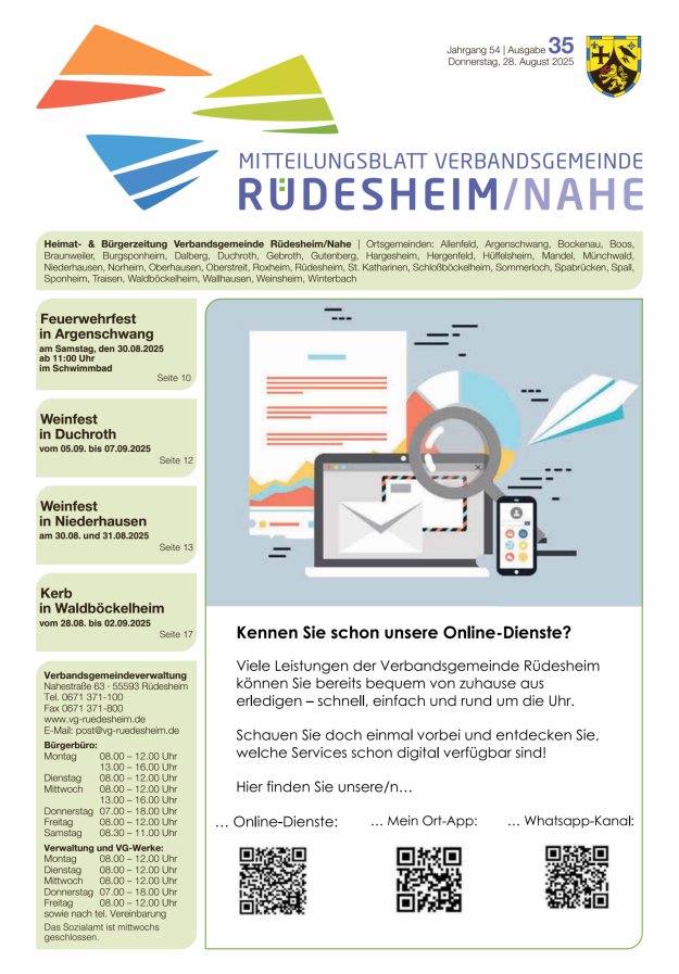 Mitteilungsblatt Verbandsgemeinde Rüdesheim und zugehörige Ortsgemeinden Titelblatt 35/2025