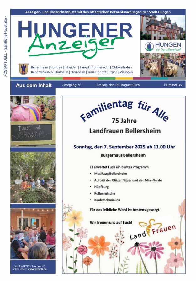 Anzeigen- und Nachrichtenblatt mit den öff  Bekanntmachungen der Stadt Hungen Titelblatt 35/2025