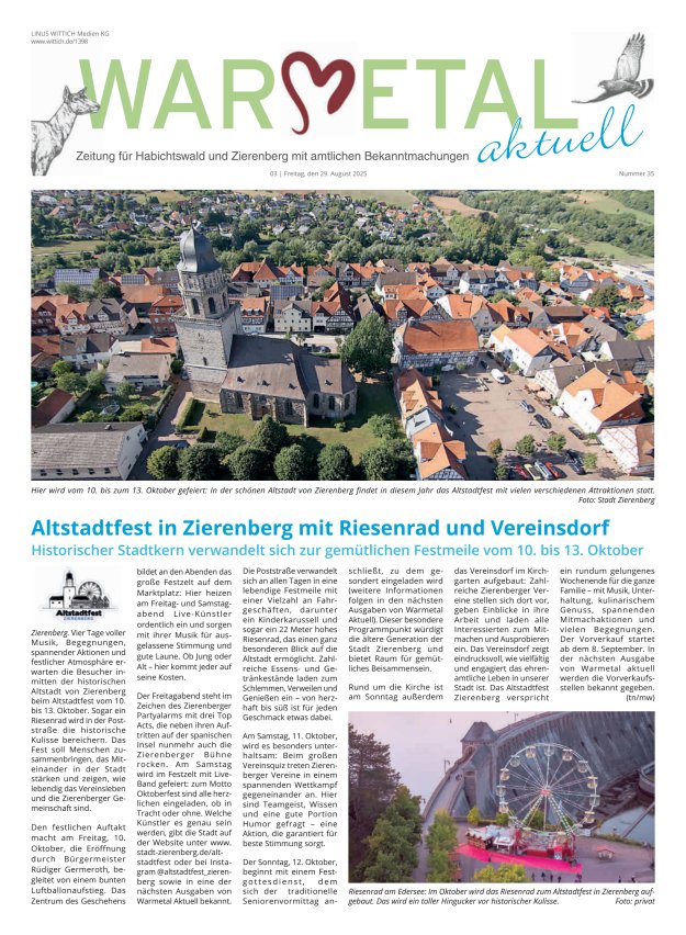 Warmetal aktuell (Habichtswald + Zierenberg) Titelblatt 35/2025