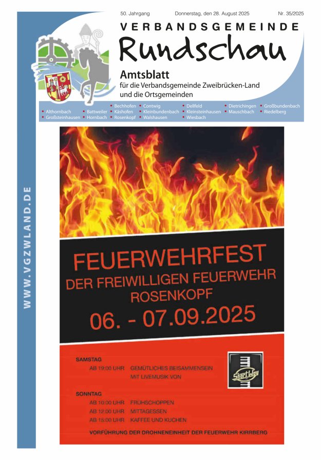 Verbandsgemeinde Rundschau Zweibrücken-Land Titelblatt 35/2025