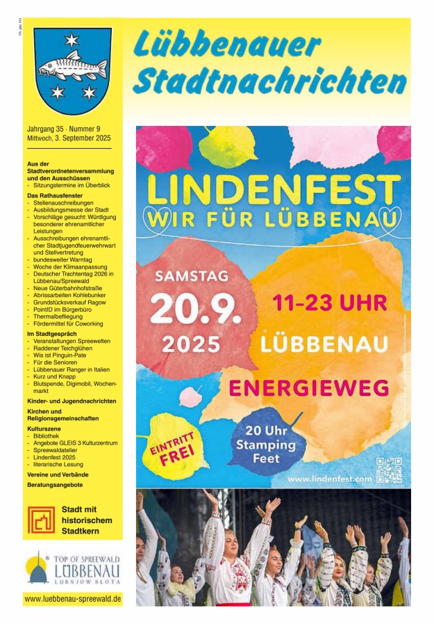Lübbenauer Stadtnachrichten – Amtsblatt für die Stadt Lübbenau/Spreewald Titelblatt 09/2025