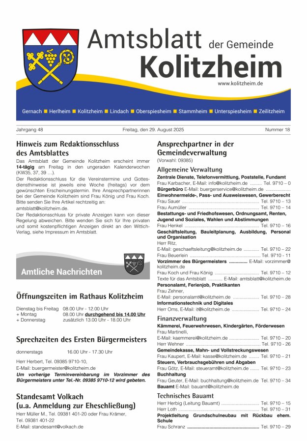 Amtsblatt der Gemeinde Kolitzheim Titelblatt 18/2025
