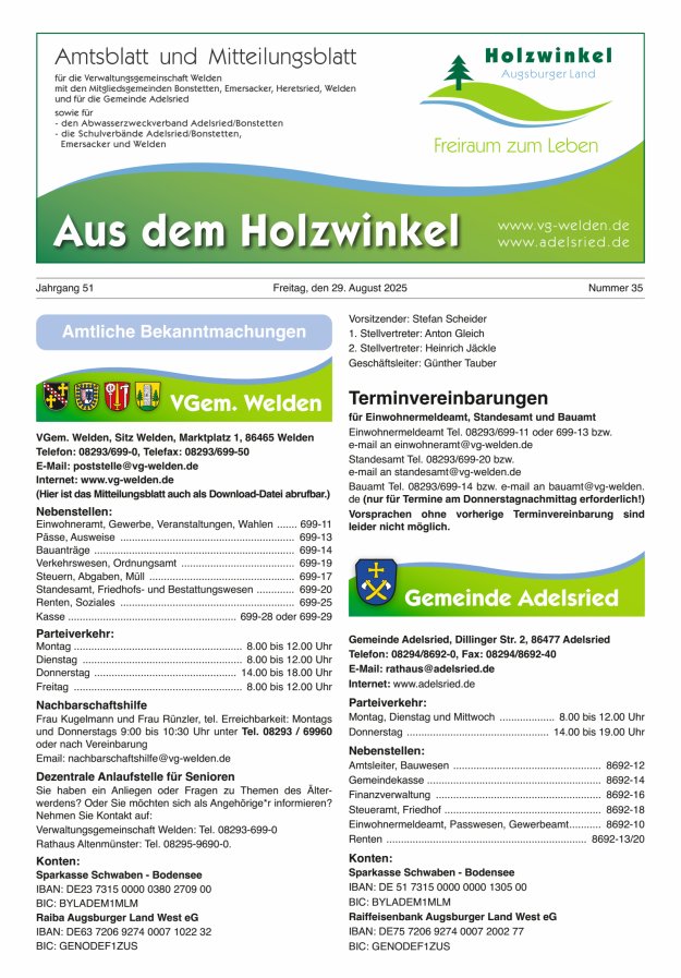 Aus dem Holzwinkel Amtsblatt u Mitteilungsblatt f VG Welden u GemAdelsried Titelblatt 35/2025