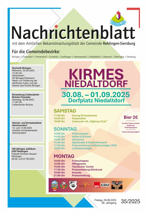 Nachrichtenblatt Rehlingen-Siersburg Titelblatt 35/2025