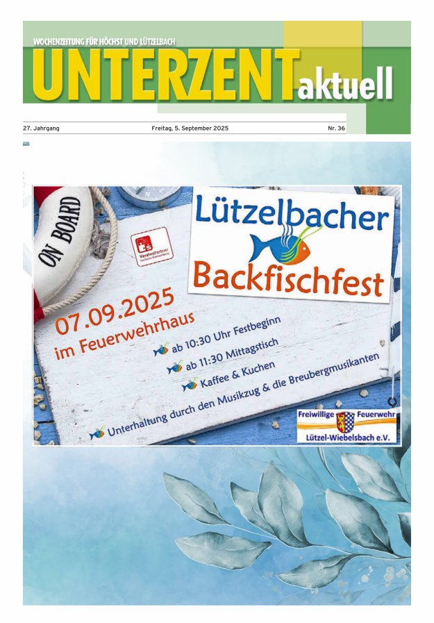 Unterzent aktuell Wochenzeitung für Höchst und Lützelbach Titelblatt 36/2025