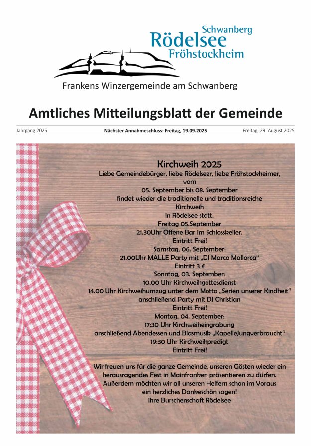 Amtliches Mitteilungsblatt der Gemeinde Rödelsee Titelblatt 08/2025