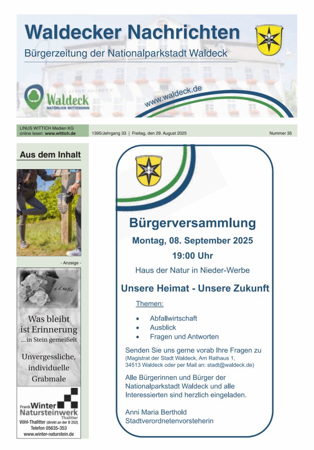 Waldecker Nachrichten Titelblatt 35/2025