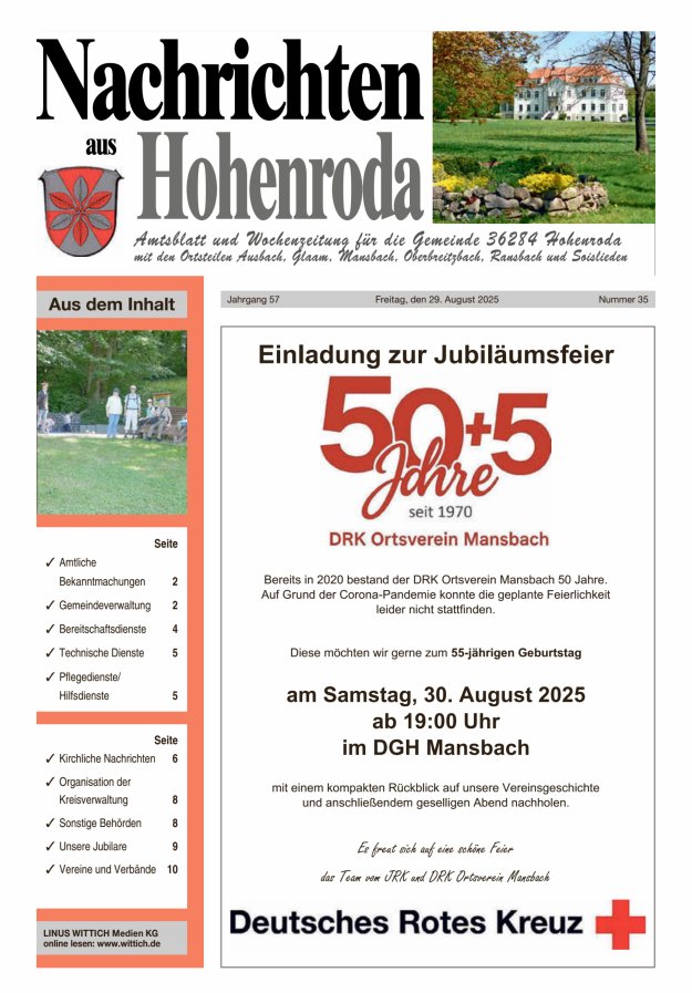 Nachrichten aus Hohenroda Titelblatt 35/2025