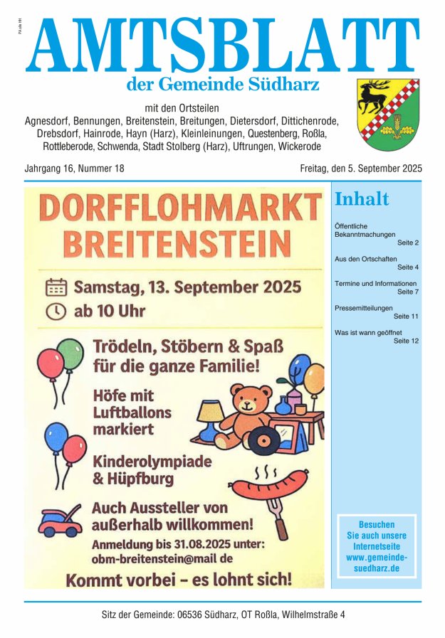 Amtsblatt der Gemeinde Südharz Titelblatt 18/2025