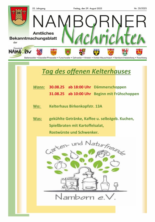 Namborner Nachrichten Titelblatt 35/2025