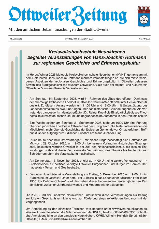 Ottweiler Zeitung Titelblatt 35/2025