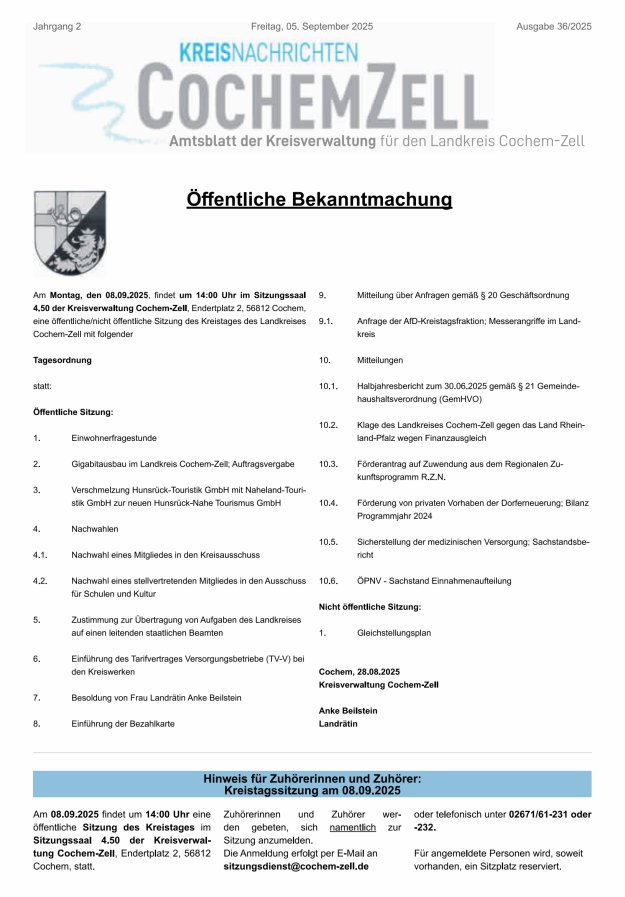 Kreisnachrichten Cochem-Zell Titelblatt 36/2025