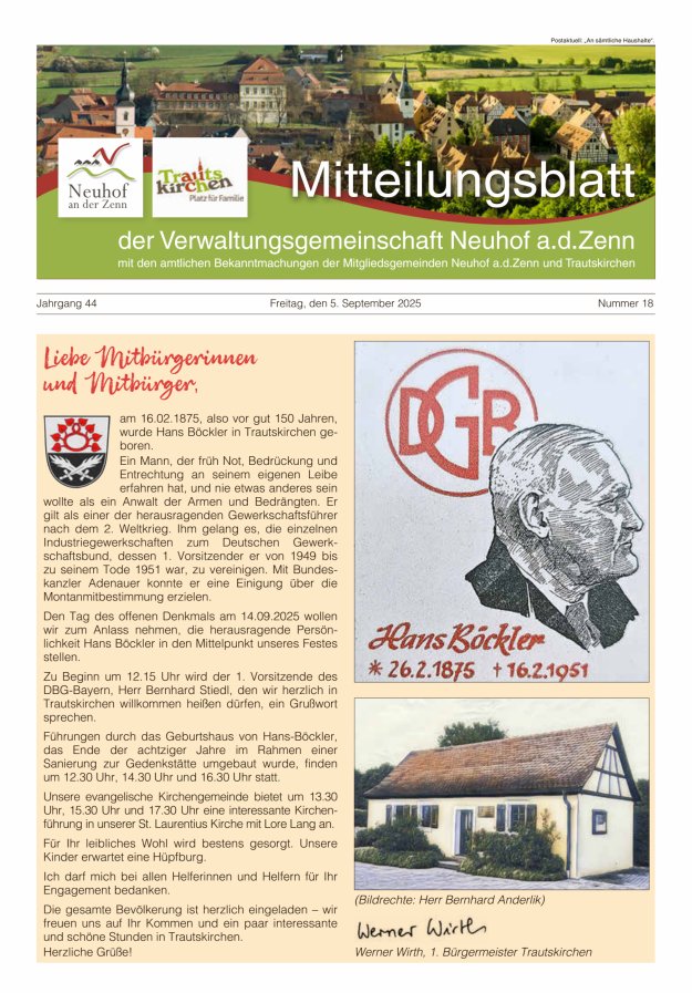 Mitteilungsblatt der Verwaltungsgemeinschaft Neuhof an der Zenn mit den amtlichen Bekanntmachungen der Mitgliedsgemeinden Neuhof an der Zenn und Trautskirchen Titelblatt 18/2025