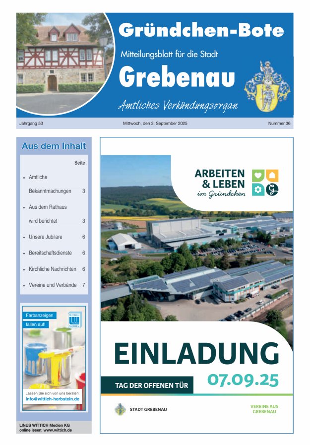 Grebenau - Gründchen Bote - Mitteilungsblatt für die Stadt Grebenau Titelblatt 36/2025