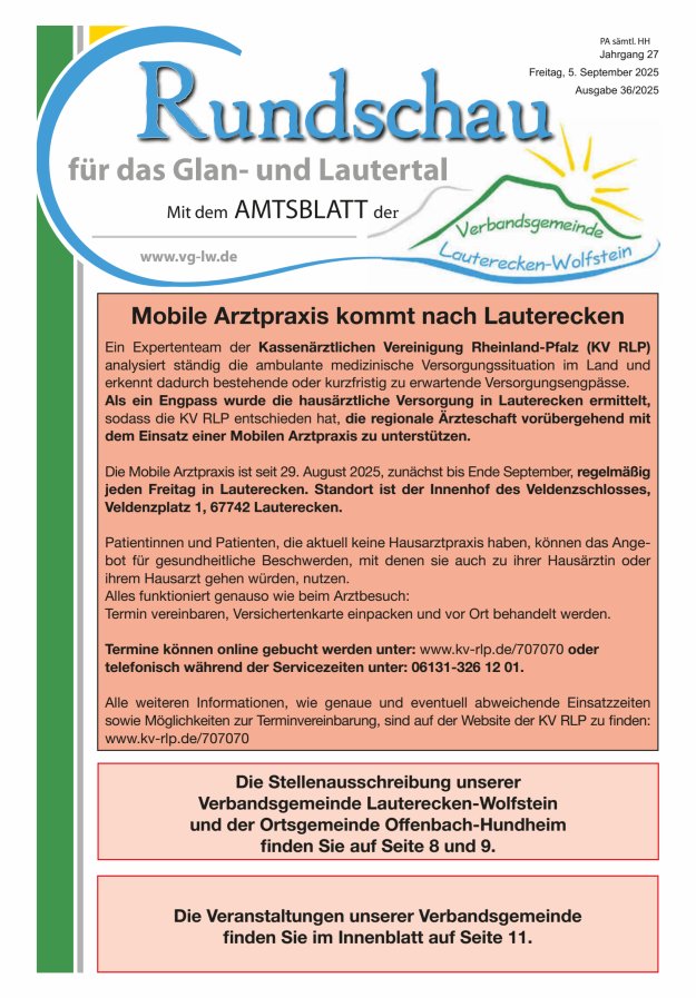 Rundschau für das Glan- und Lautertal Titelblatt 36/2025