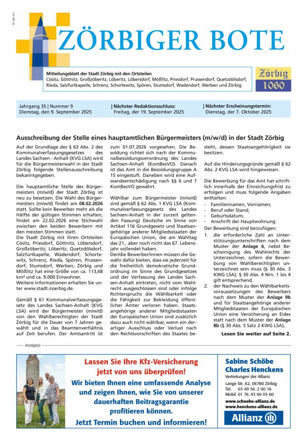 Zörbiger Bote – Mitteilungsblatt der Stadt Zörbig mit den Ortsteilen Titelblatt 09/2025