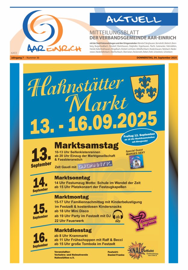 Mitteilungsblatt der Verbandsgemeinde Aar-Einrich Ausgabe Katzenelnbogen Titelblatt 36/2025