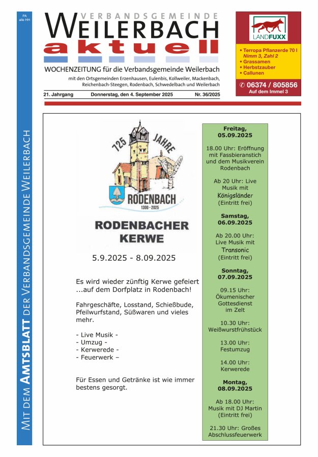 Verbandsgemeinde Weilerbach aktuell Titelblatt 36/2025