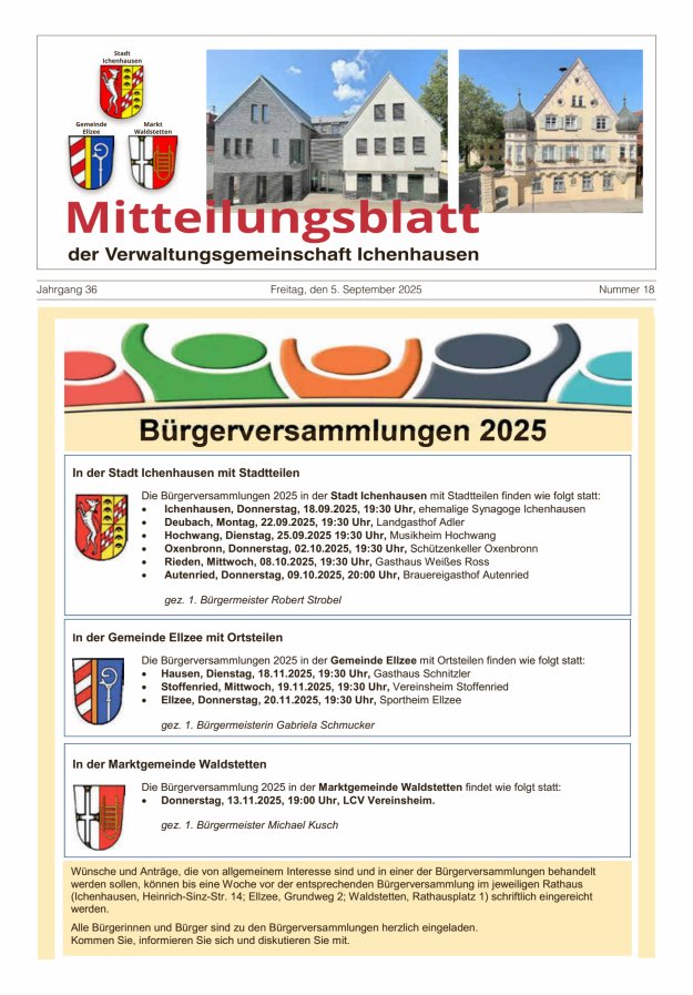 Mitteilungsblatt der Verwaltungsgemeinschaft Ichenhausen Titelblatt 18/2025
