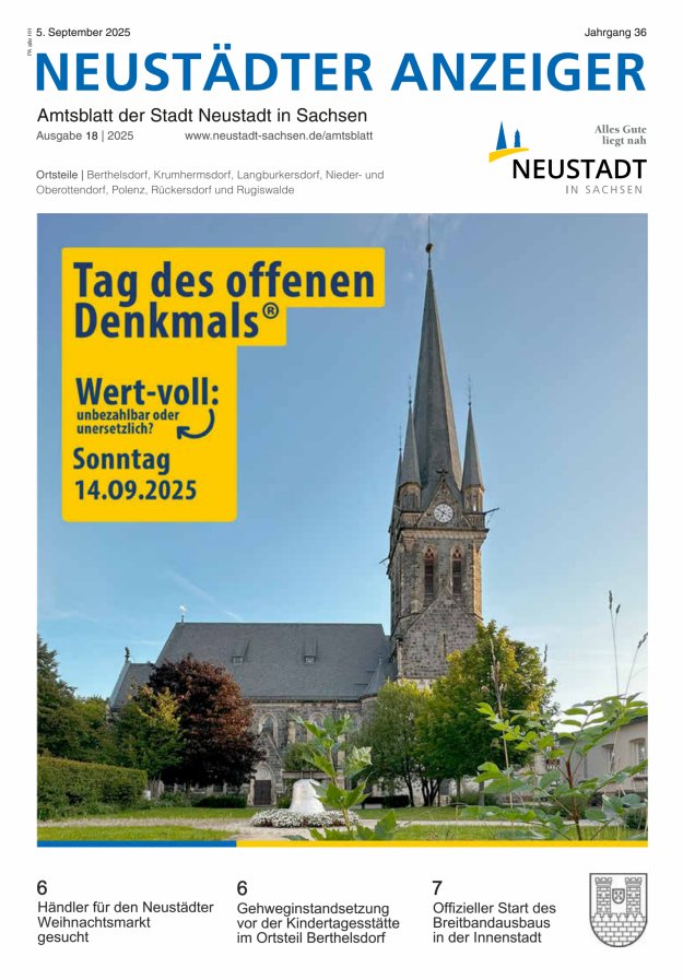 Neustädter Anzeiger - Amts- und Heimatblatt der Stadt Neustadt in Sachsen Titelblatt 18/2025