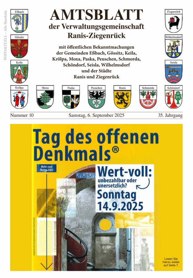 Amtsblatt der Verwaltungsgemeinschaft Ranis-Ziegenrück Titelblatt 10/2025