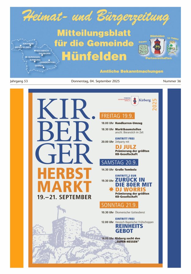 Mitteilungsblatt für die Gemeinde Hünfelden Titelblatt 36/2025