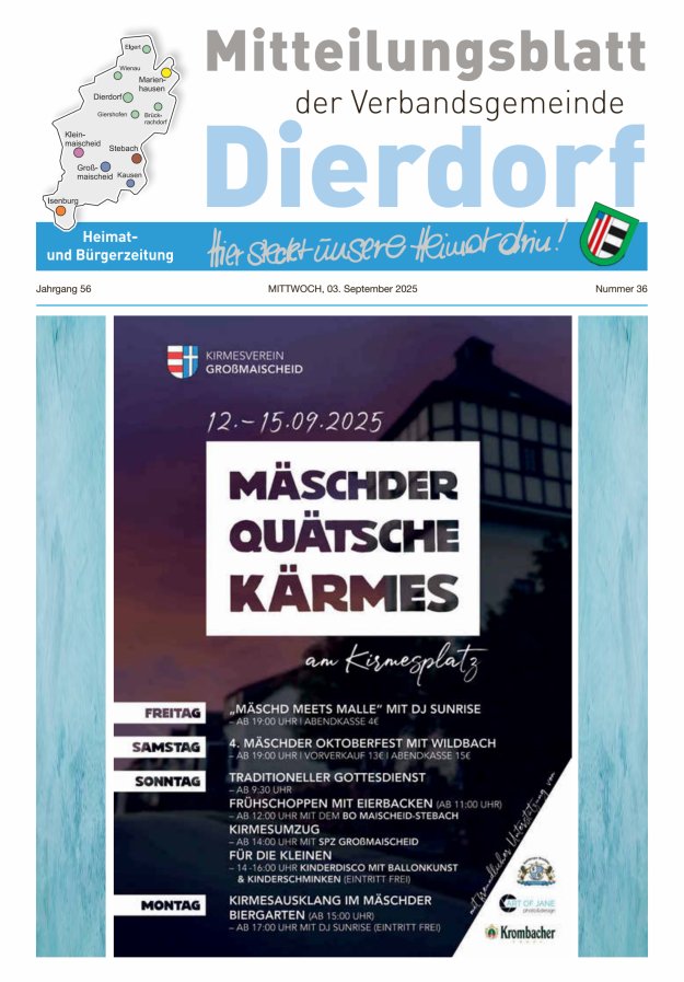 Mitteilungsblatt der Verbandsgemeinde Dierdorf Titelblatt 36/2025