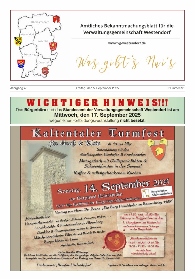 Was gibt's Nui's Amtliches Bekanntmachungsblatt für die VG Westendorf Titelblatt 18/2025