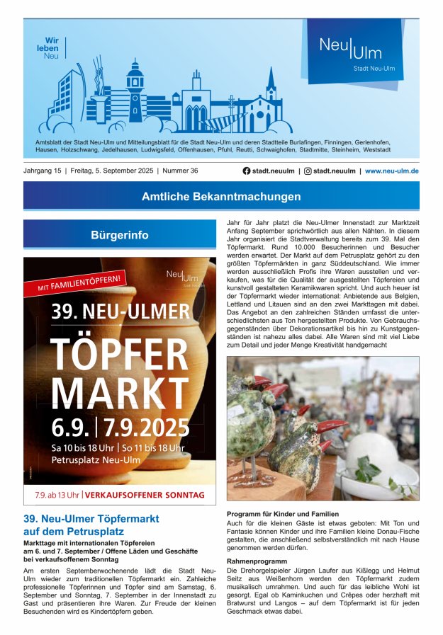 Amtsblatt der Stadt Neu-Ulm und Mitteilungsblatt für die Stadt Neu-Ulm Titelblatt 36/2025