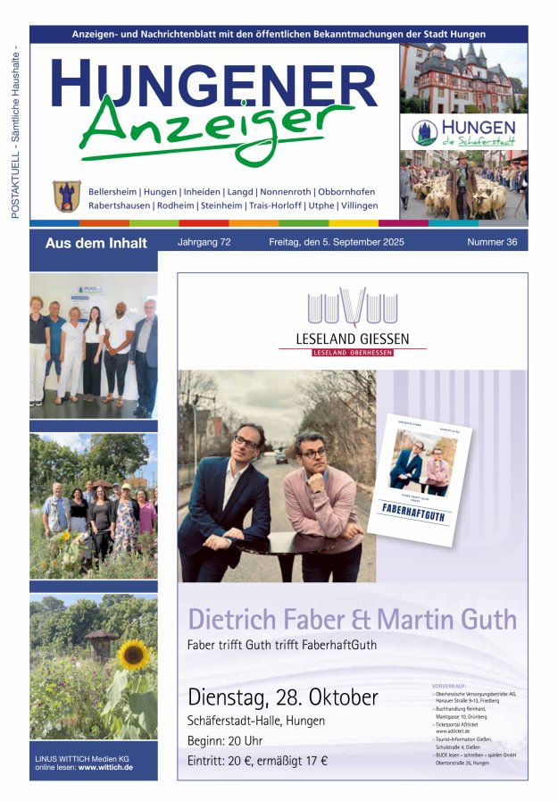 Anzeigen- und Nachrichtenblatt mit den öff  Bekanntmachungen der Stadt Hungen Titelblatt 36/2025