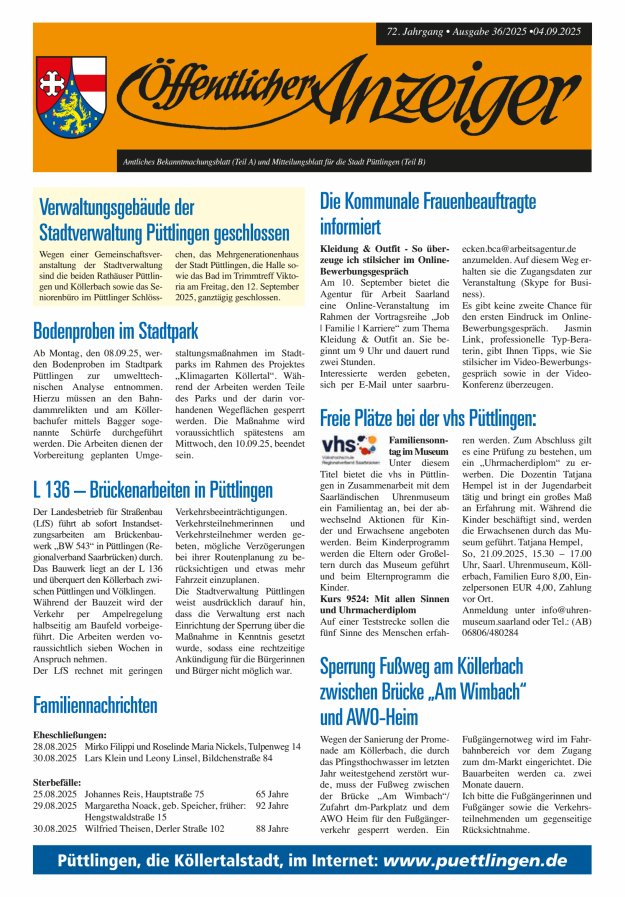 Öffentlicher Anzeiger - Stadt Püttlingen Titelblatt 36/2025