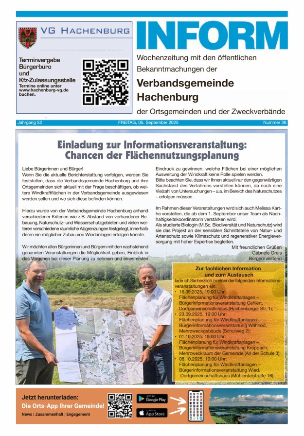 INFORM - Wochenzeitung der Verbandsgemeinde Hachenburg Titelblatt 36/2025
