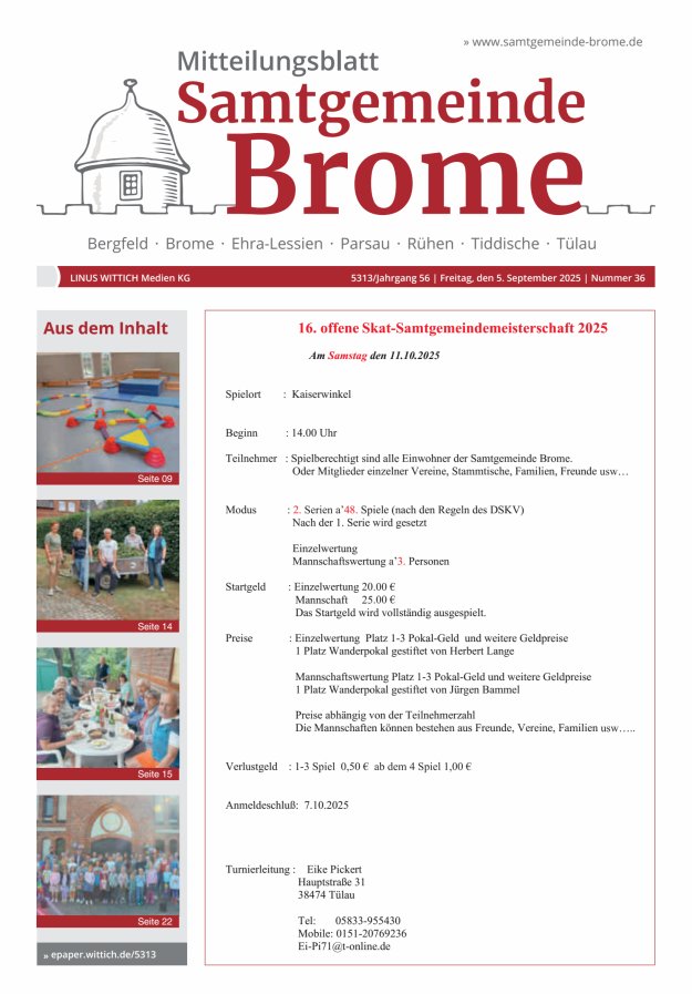 Mitteilungsblatt der Samtgemeinde Brome Titelblatt 36/2025