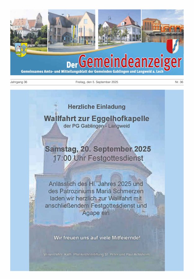 Der Gemeindeanzeiger - Gablingen Langweid Titelblatt 36/2025