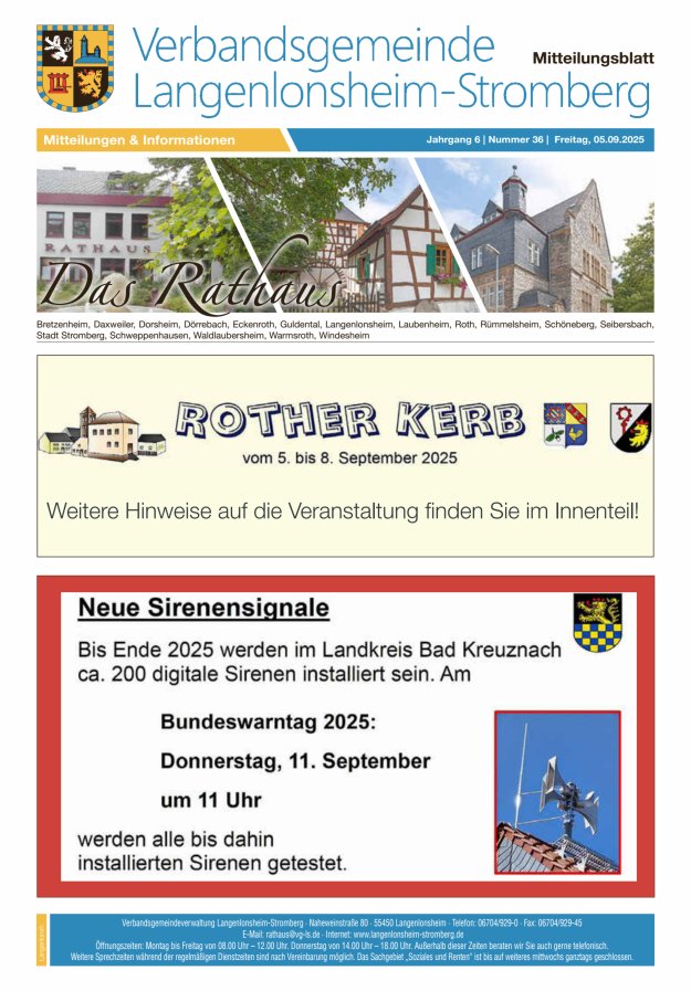 Das Rathaus - MTB d VG Langenlonsheim-Stromberg Titelblatt 36/2025