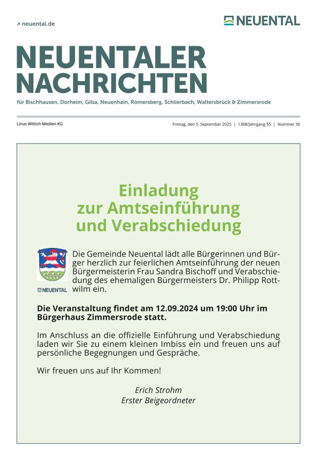 Neuentaler Nachrichten Titelblatt 36/2025