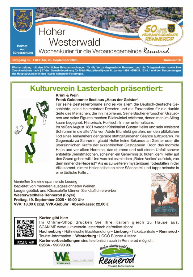Hoher Westerwald - Wochenkurier für die Verbandsgemeinde Rennerod Titelblatt 36/2025