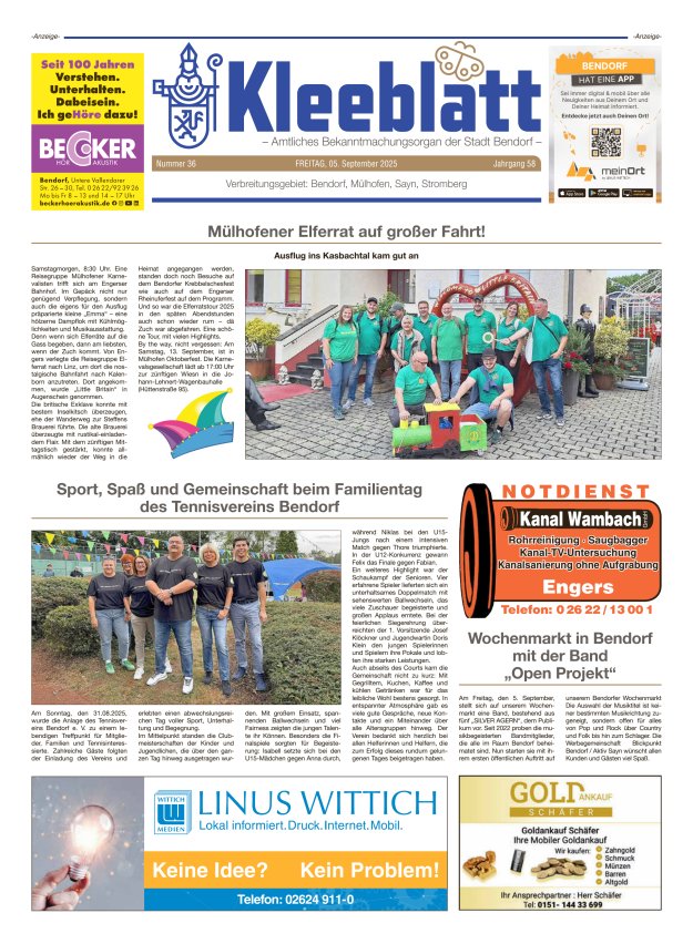 Kleeblatt - Amtliches Bekanntmachungsorgan der Stadt Bendorf Titelblatt 36/2025