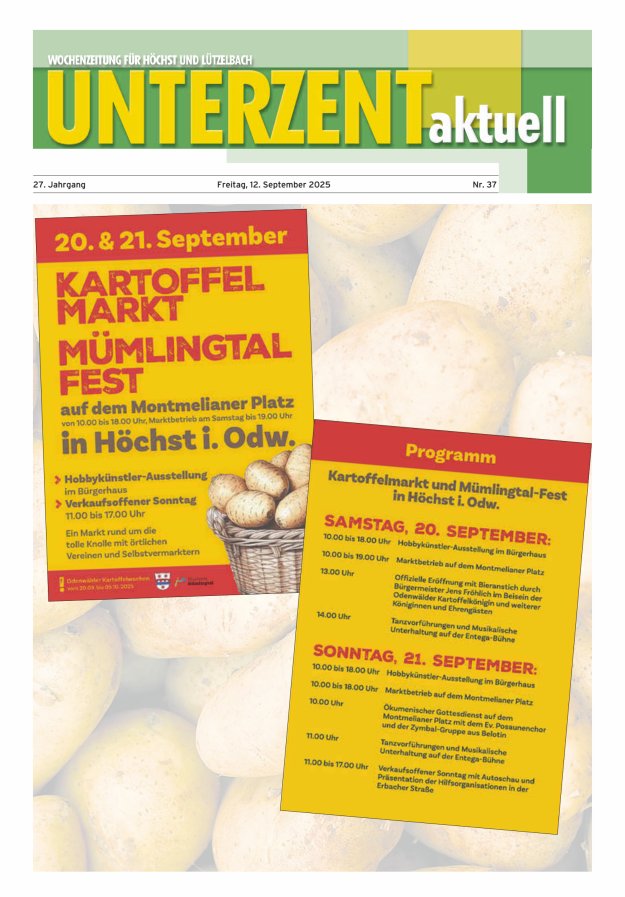 Unterzent aktuell Wochenzeitung für Höchst und Lützelbach Titelblatt 37/2025