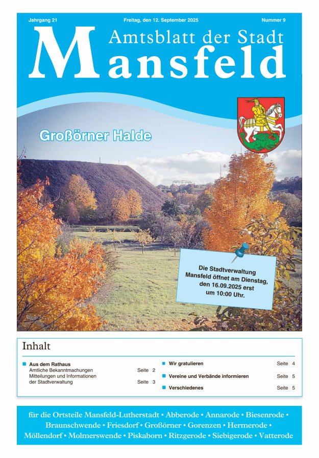 Amtsblatt der Stadt Mansfeld Titelblatt 09/2025