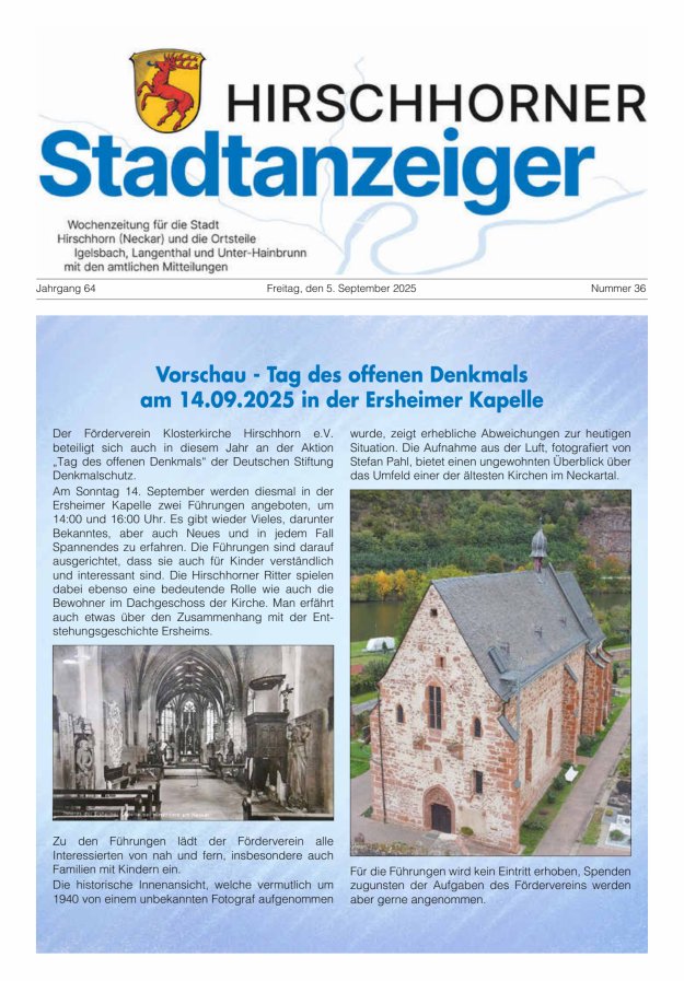 Hirschhorner Stadtanzeiger Titelblatt 36/2025